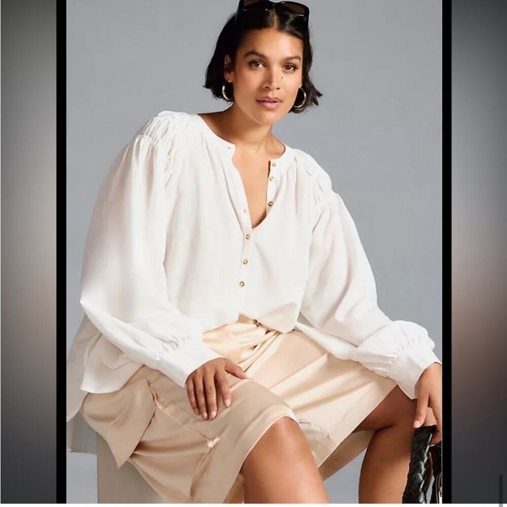 Anthropologie Pilcro top womens XS NEW white pleated shoulder popover oversized